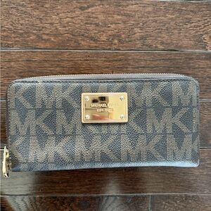 Michael Kors Black and Brown Logo Zip Wallet